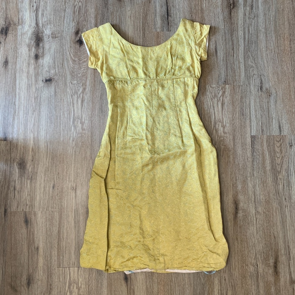Vintage 1960s Handmade Brocade Empire Waist Dress in Yellow w/ Zipper